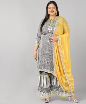 Pikasha Womens Rayon Bandhani print Straight Kurta Sharara dupatta (Grey) 1