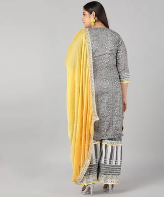 Pikasha Womens Rayon Bandhani print Straight Kurta Sharara dupatta (Grey) 2