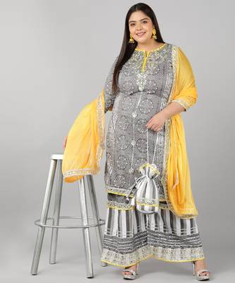 Pikasha Womens Rayon Bandhani print Straight Kurta Sharara dupatta (Grey) 3