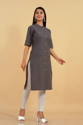 Pikasha Womens Cotton Solid straight Kurta (Grey) 3