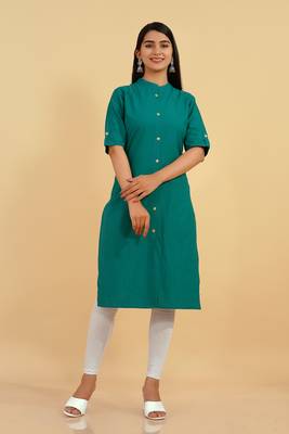 Pikasha Womens Cotton Solid straight Kurta (Green) 1