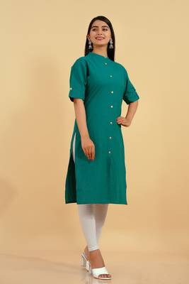 Pikasha Womens Cotton Solid straight Kurta (Green) 3