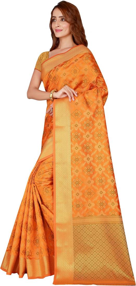 Glamrack Yellow Jacquard Silk Blend Kanchipuram Saree With Blouse Piece