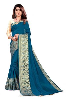 Glamrack Teal Green Jacquard Art Silk Designer Saree With Blouse Piece 1