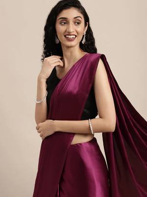 Purple Plain Satin Saree With Blouse 3