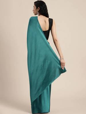 Teal Satin Plain Saree with Velvet Blouse 2