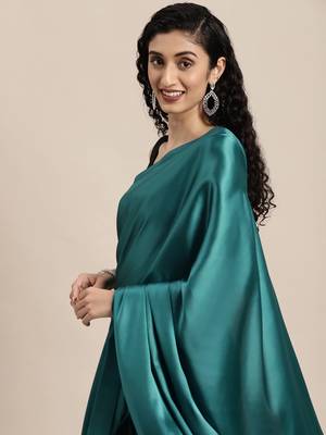 Teal Satin Plain Saree with Velvet Blouse 3