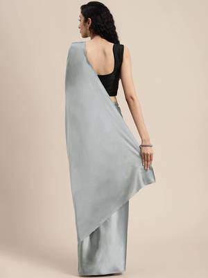 Grey Plain Satin Saree With Blouse 2