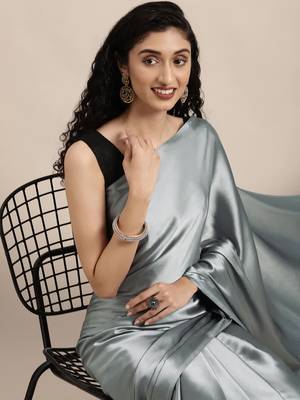 Grey Plain Satin Saree With Blouse 3