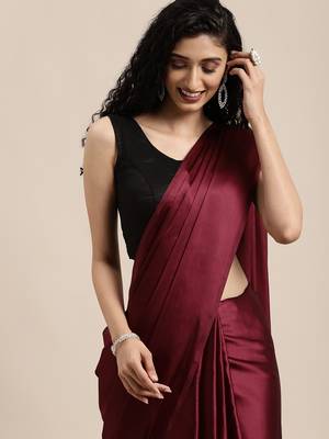 Maroon plain satin saree with blouse 3