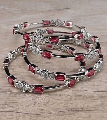 Rhodium Plated Red Stone American Diamond Bangles BD613 1