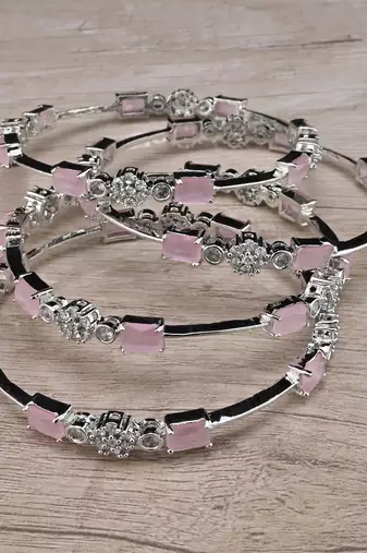 Rhodium Plated Baby Pink Stone American Diamond Bangles BD615