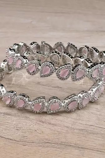 Rhodium Plated Pink Stone American Diamond Bangles BD619