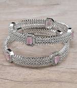 Rhodium Plated Pink Stone American Diamond Bangles BD623