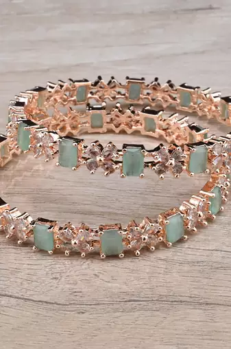 Rose Gold Plated Mint Stone American Diamond Bangles BD625