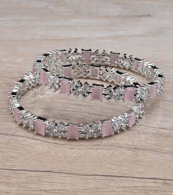Rhodium Plated Pink Stone American Diamond Bangles BD627 2