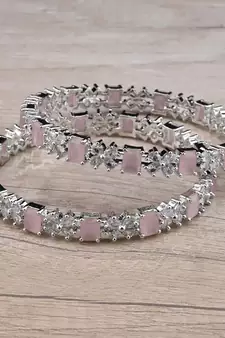Rhodium Plated Pink Stone American Diamond Bangles BD627