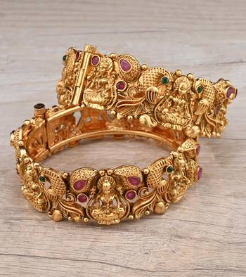 Gold Plated Temple Worked Stone Embellished Bangles BD637 1