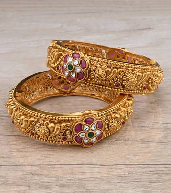 Gold Plated Temple Worked Stone Embellished Bangles BD638 1