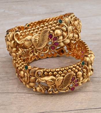 Gold Plated Temple Worked Stone Embellished Bangles BD640 1