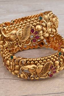 Gold Plated Temple Worked Stone Embellished Bangles BD640