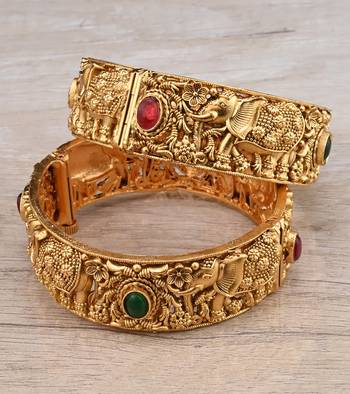 Gold Plated Temple Worked Stone Embellished Bangles BD641 1