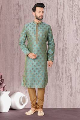 Blue plain jaquard kurta-pajama 1