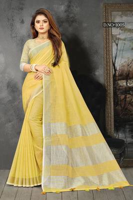 Yellow woven linen saree with blouse 1
