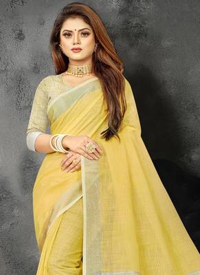 Yellow woven linen saree with blouse 2