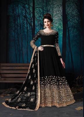 Black Designer Georgette Anarkali Salwar Suit With Real Mirror Work Semi Stitched 1