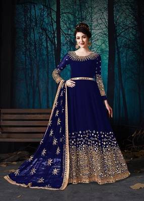 Blue Designer Georgette Anarkali Salwar Suit With Real Mirror Work Semi Stitched 1