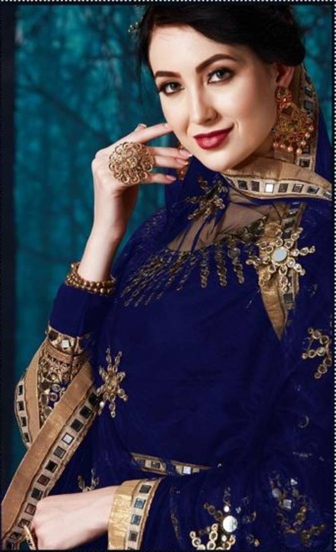 Blue Designer Georgette Anarkali Salwar Suit With Real Mirror Work Semi Stitched