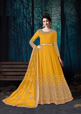 Yellow Designer Georgette Anarkali Salwar Suit With Real Mirror Work Semi Stitched 1