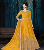 Yellow Designer Georgette Anarkali Salwar Suit With Real Mirror Work Semi Stitched