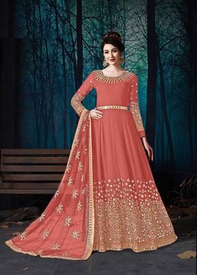 Peach Designer Georgette Anarkali Salwar Suit With Real Mirror Work Semi Stitched 1