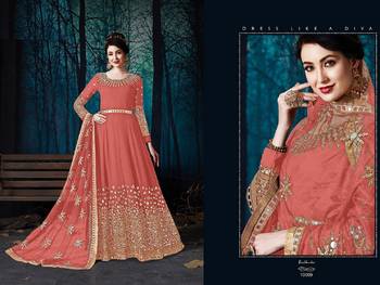 Peach Designer Georgette Anarkali Salwar Suit With Real Mirror Work Semi Stitched 2