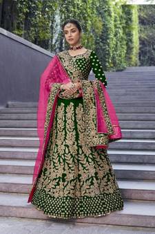 Green Color Designer Wedding Wear Velvet Lehenga With Un Stitched Blouse