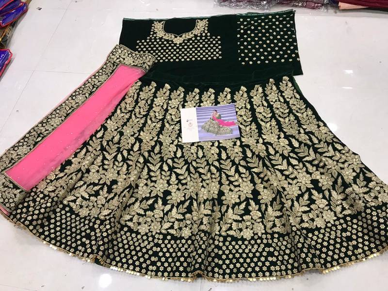 Green Color Designer Wedding Wear Velvet Lehenga With Un Stitched Blouse