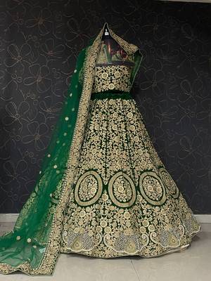 Green Color Designer Wedding Wear Velvet Lehenga With Un Stitched Blouse 3