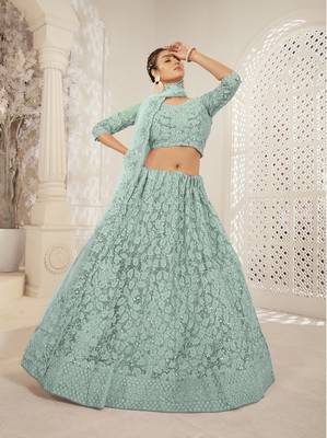 Green Color Designer Wedding Wear Net Lehenga With Un Stitched Blouse 1