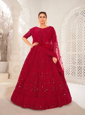 Red Designer Wedding Wear Net Lehenga With Un Stitched Blouse 1