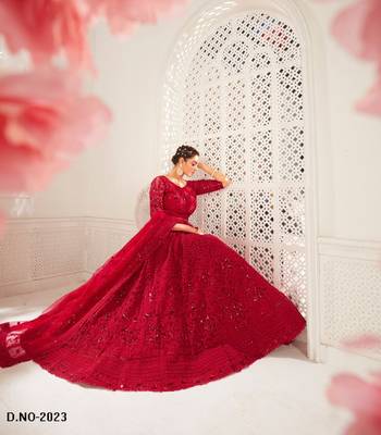 Red Designer Wedding Wear Net Lehenga With Un Stitched Blouse 2
