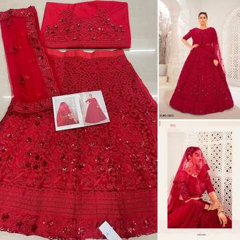 Red Designer Wedding Wear Net Lehenga With Un Stitched Blouse 3