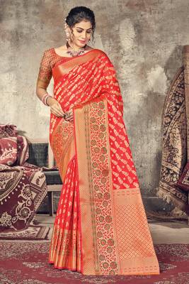 Peach woven silk saree with blouse 1