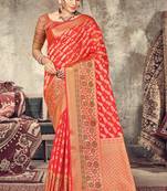 Peach woven silk saree with blouse
