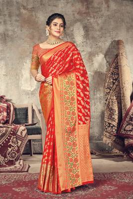 Red woven silk saree with blouse 1