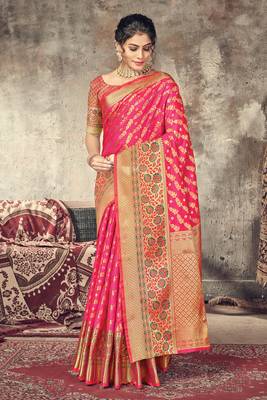 Pink woven silk saree with blouse 1