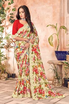Yellow printed georgette saree with blouse 1