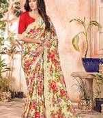 Yellow printed georgette saree with blouse