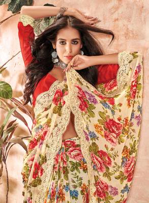 Yellow printed georgette saree with blouse 2